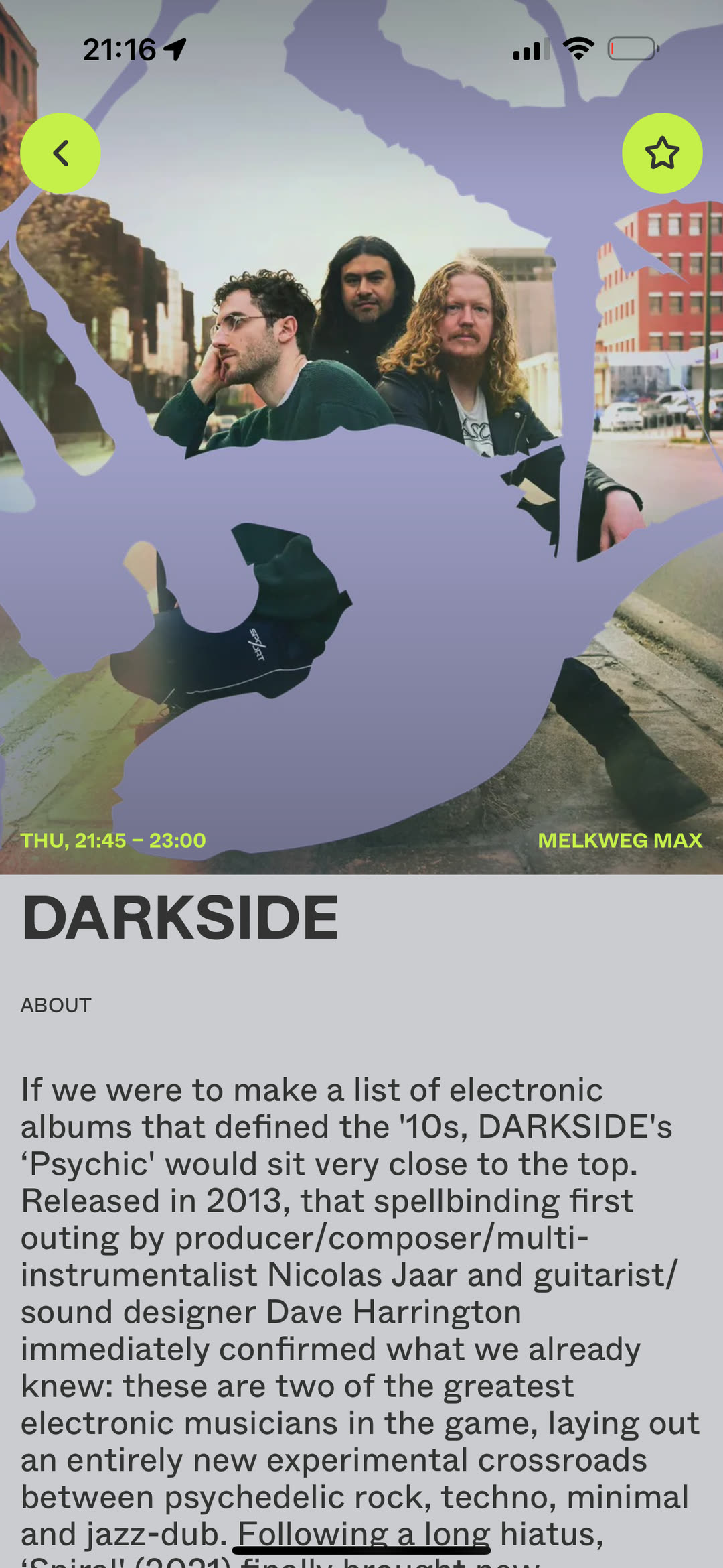 Artist page for DARKSIDE with set time, stage, and a written introduction