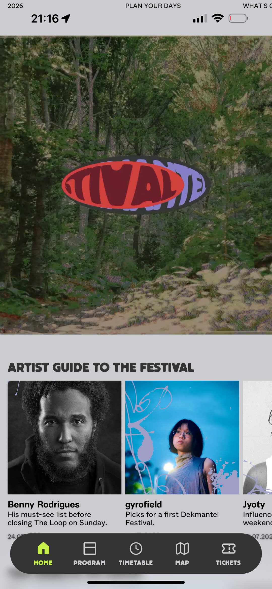 Editorial index with artist guides to the festival
