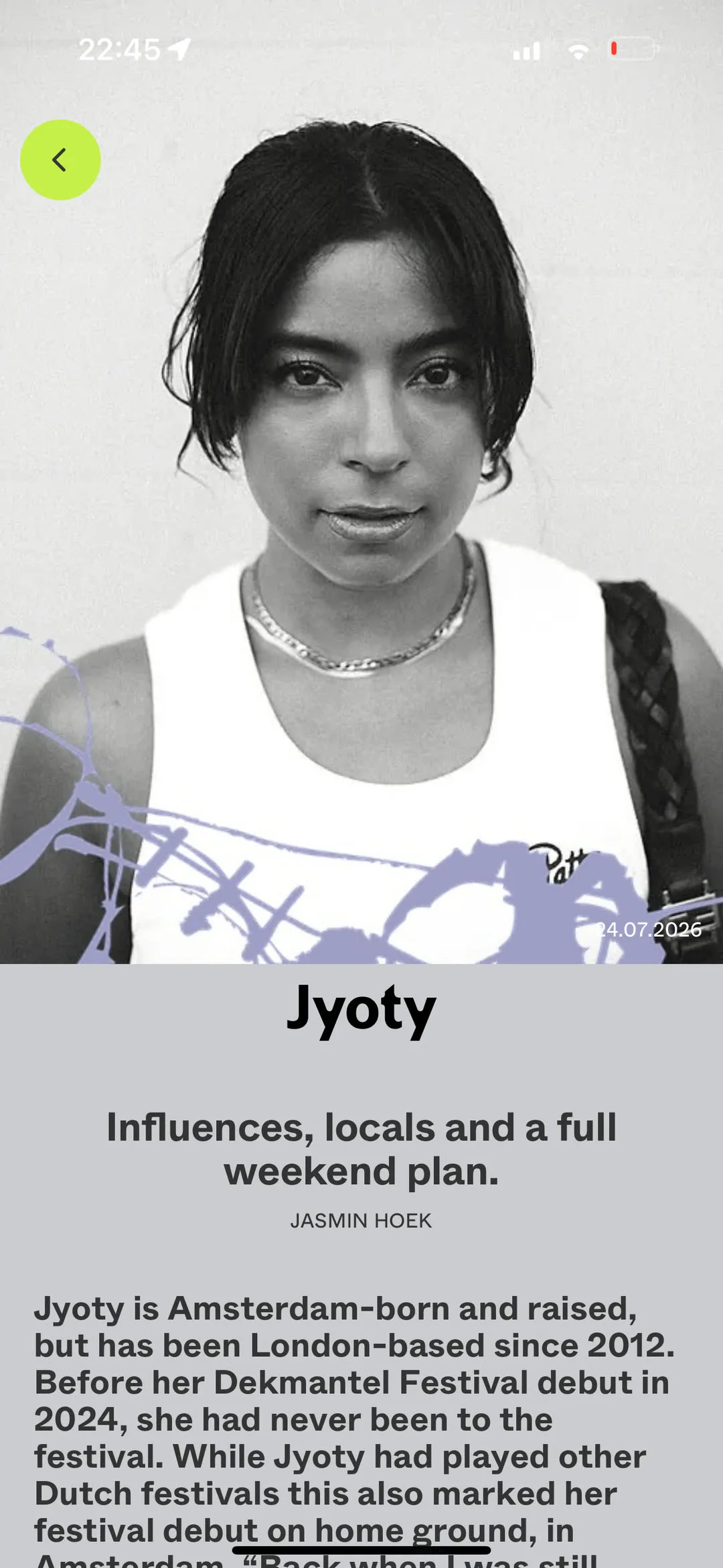 Editorial feature on Jyoty, portrait with the lilac brand graphic, a headline and a long read