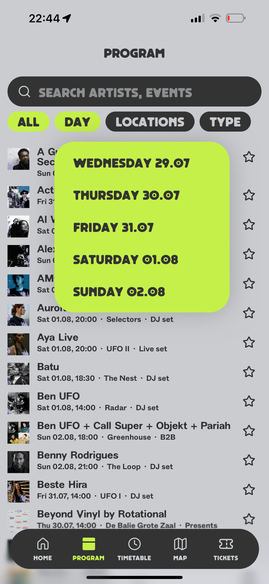 Day filter open as an acid green overlay panel