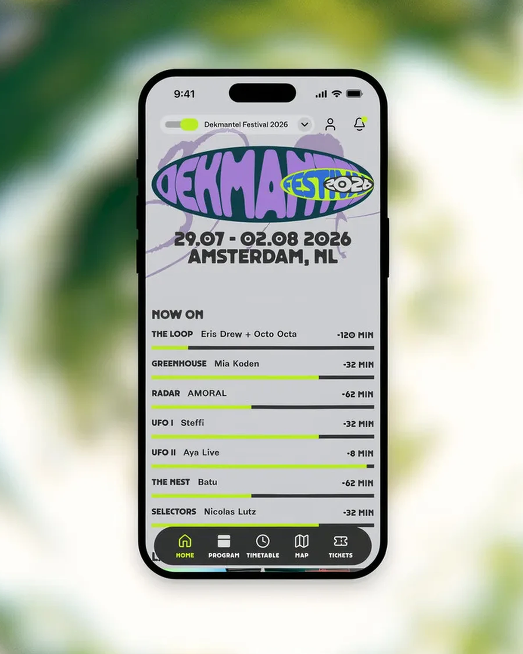 The Dekmantel app home screen shown on a phone