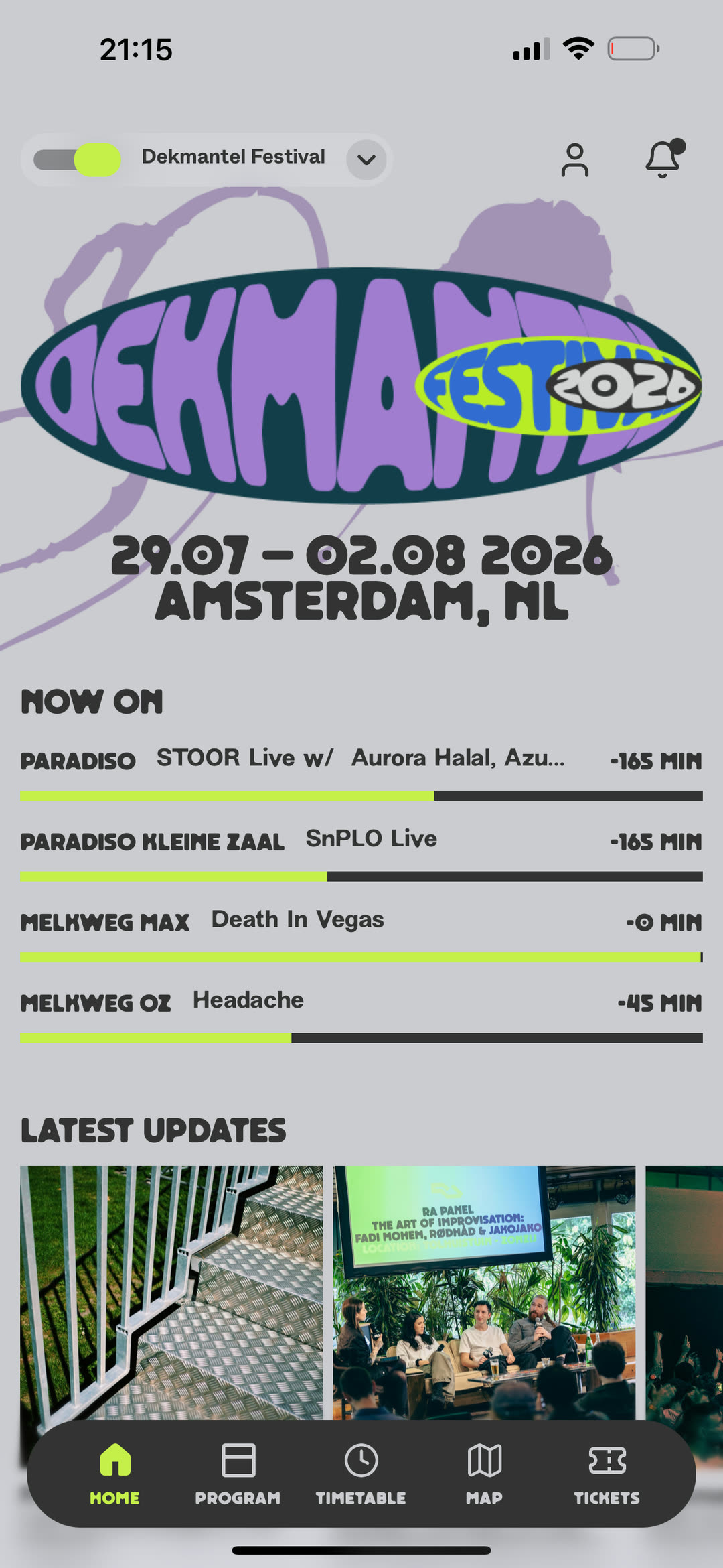 App home in festival mode, showing which artist is playing now at each stage
