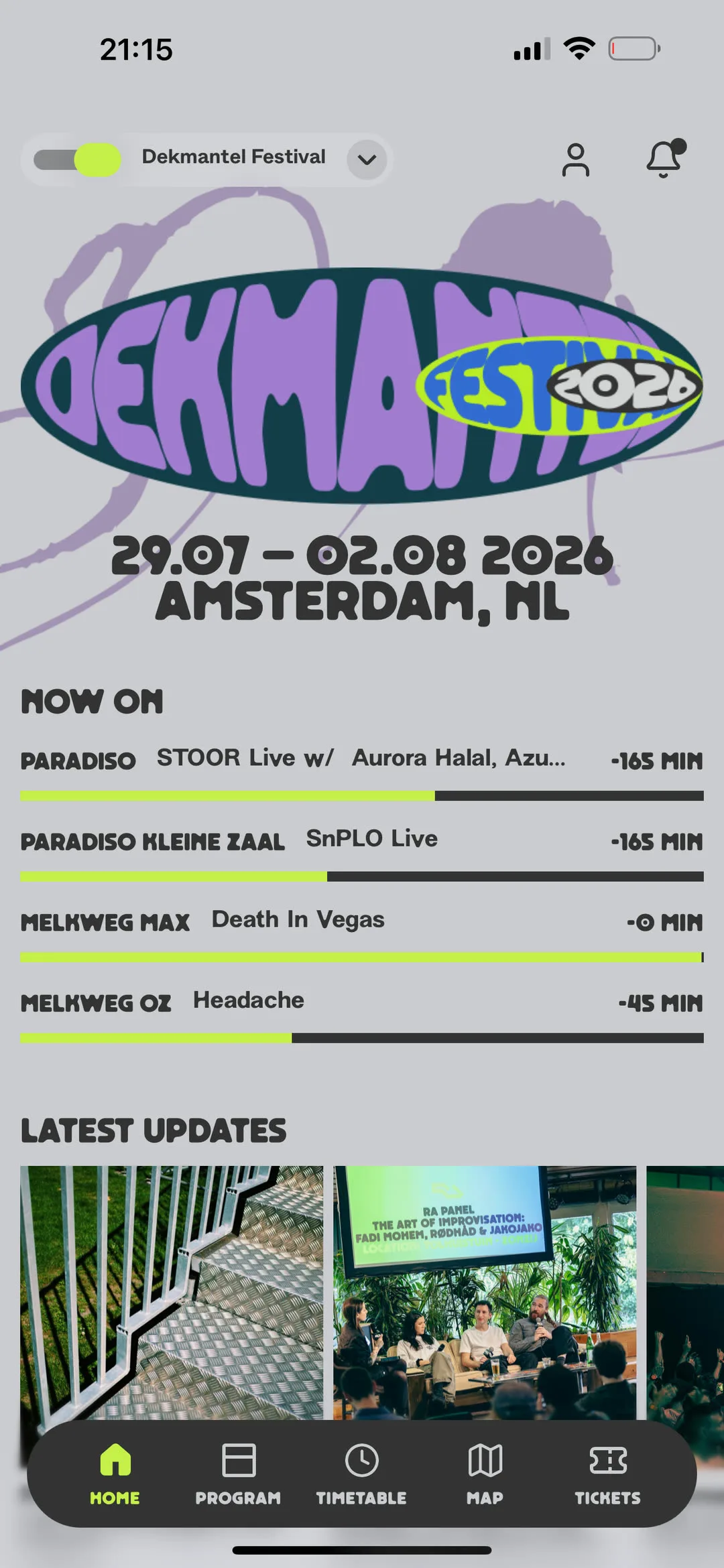 Home screen in festival mode, a now-on list with a progress bar for each stage