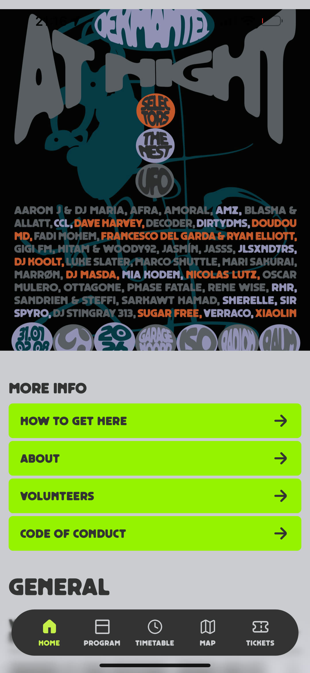 Practical information screen with stacked action buttons
