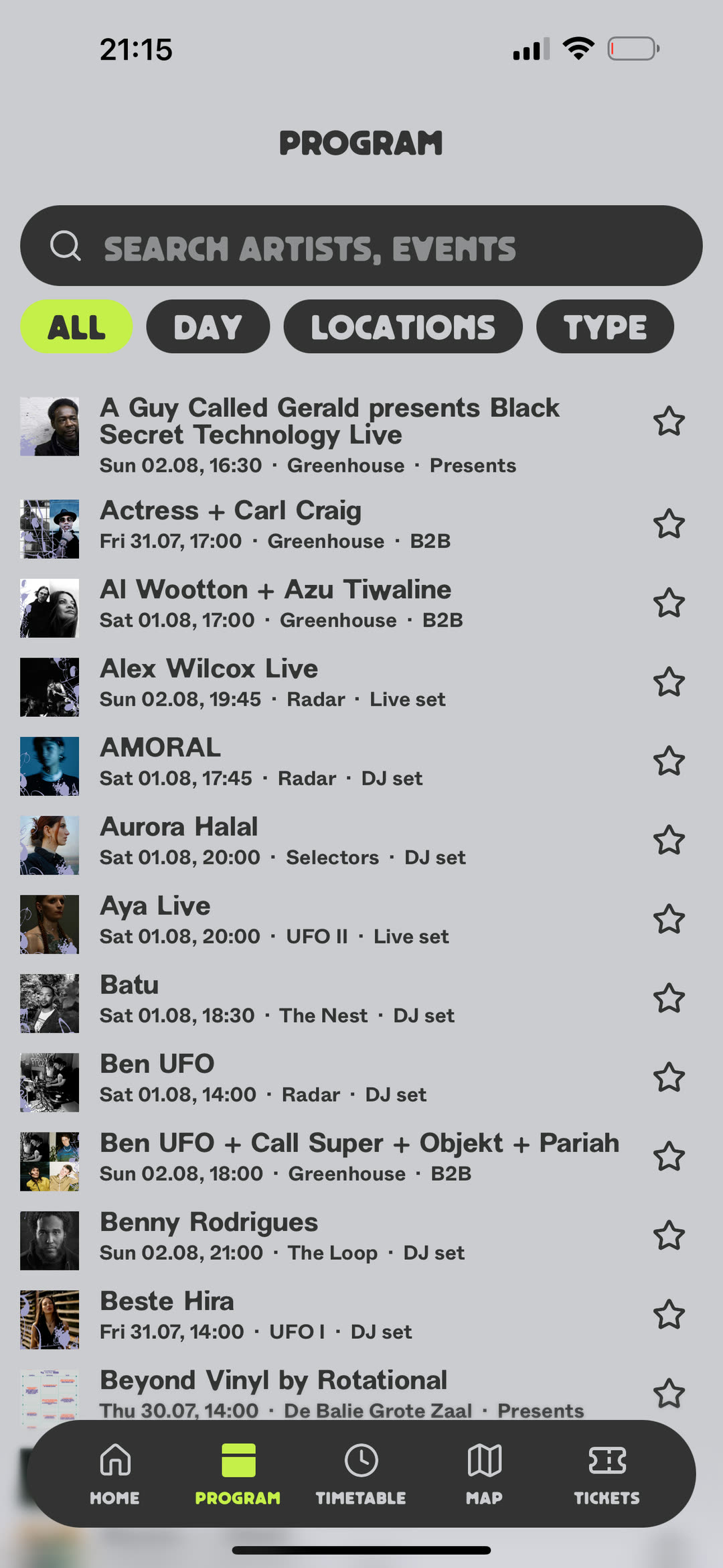 Program list with search field and filter pills at rest