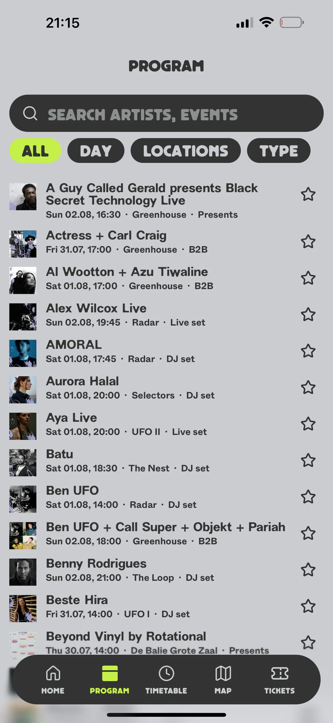 Program list with the filter pills closed