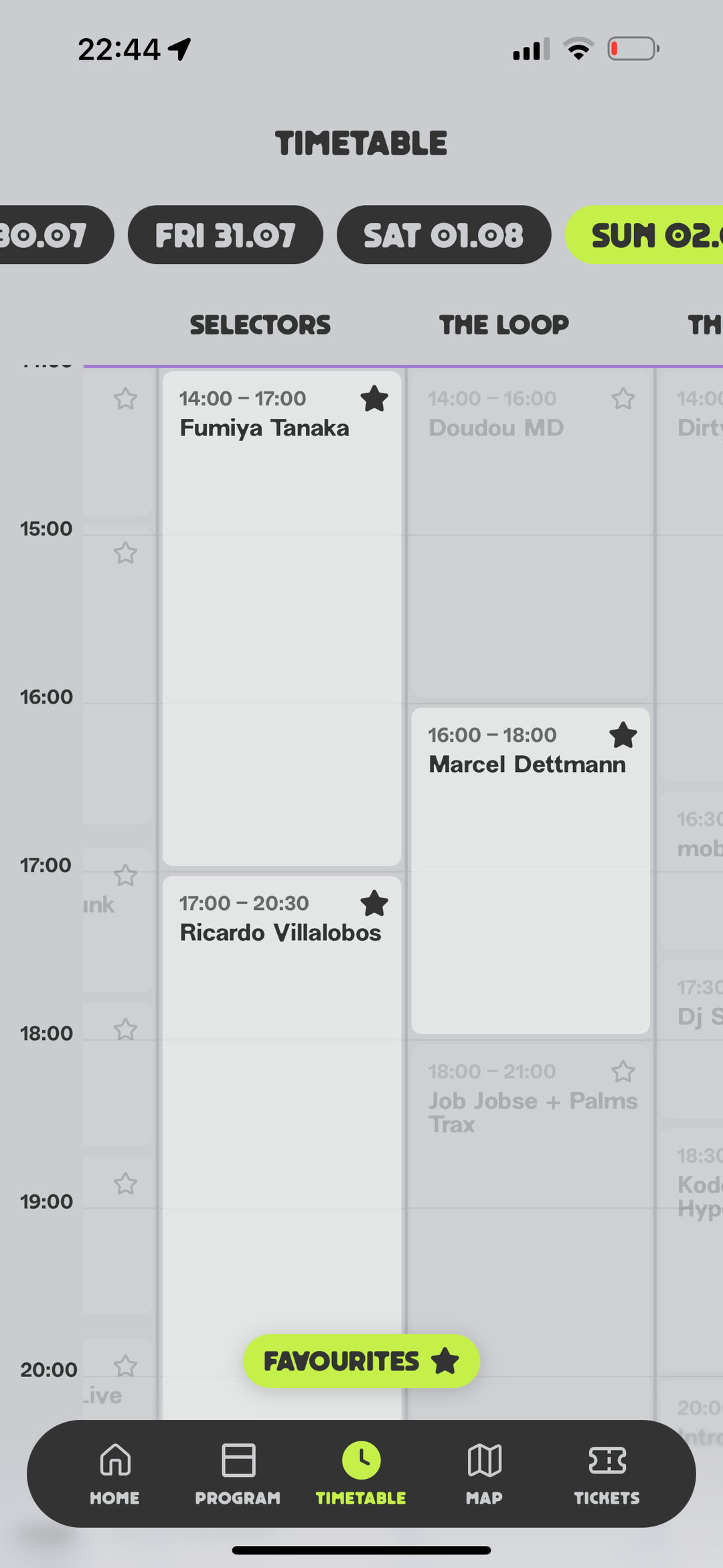 Timetable filtered to starred sets only