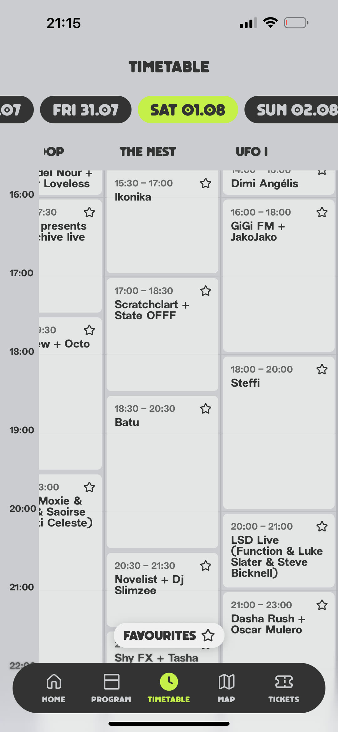 Timetable with a day selector and parallel stage columns