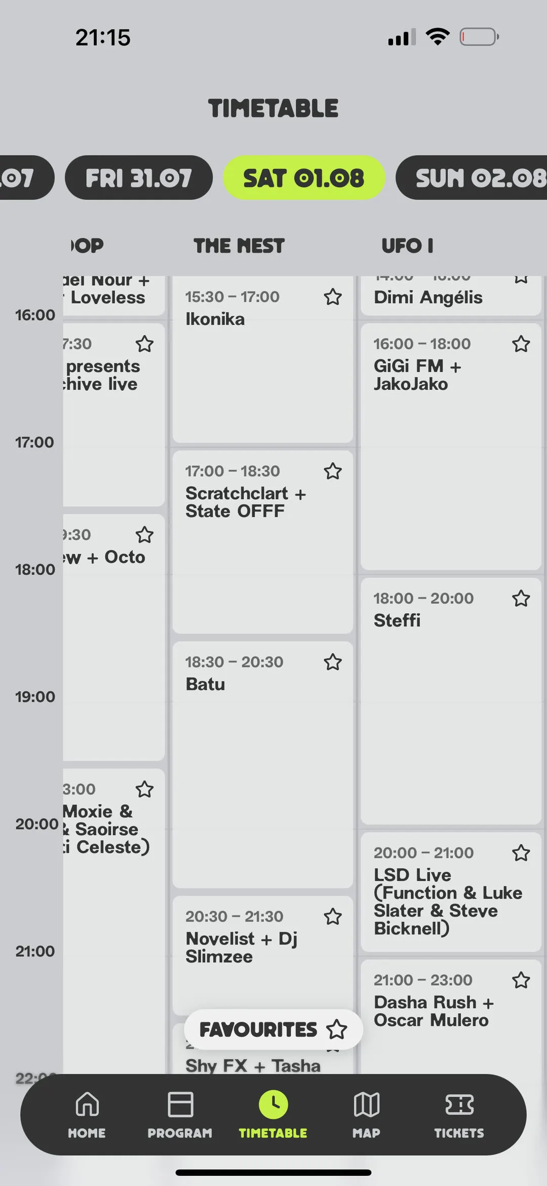Timetable with a day selector and the stages as parallel columns
