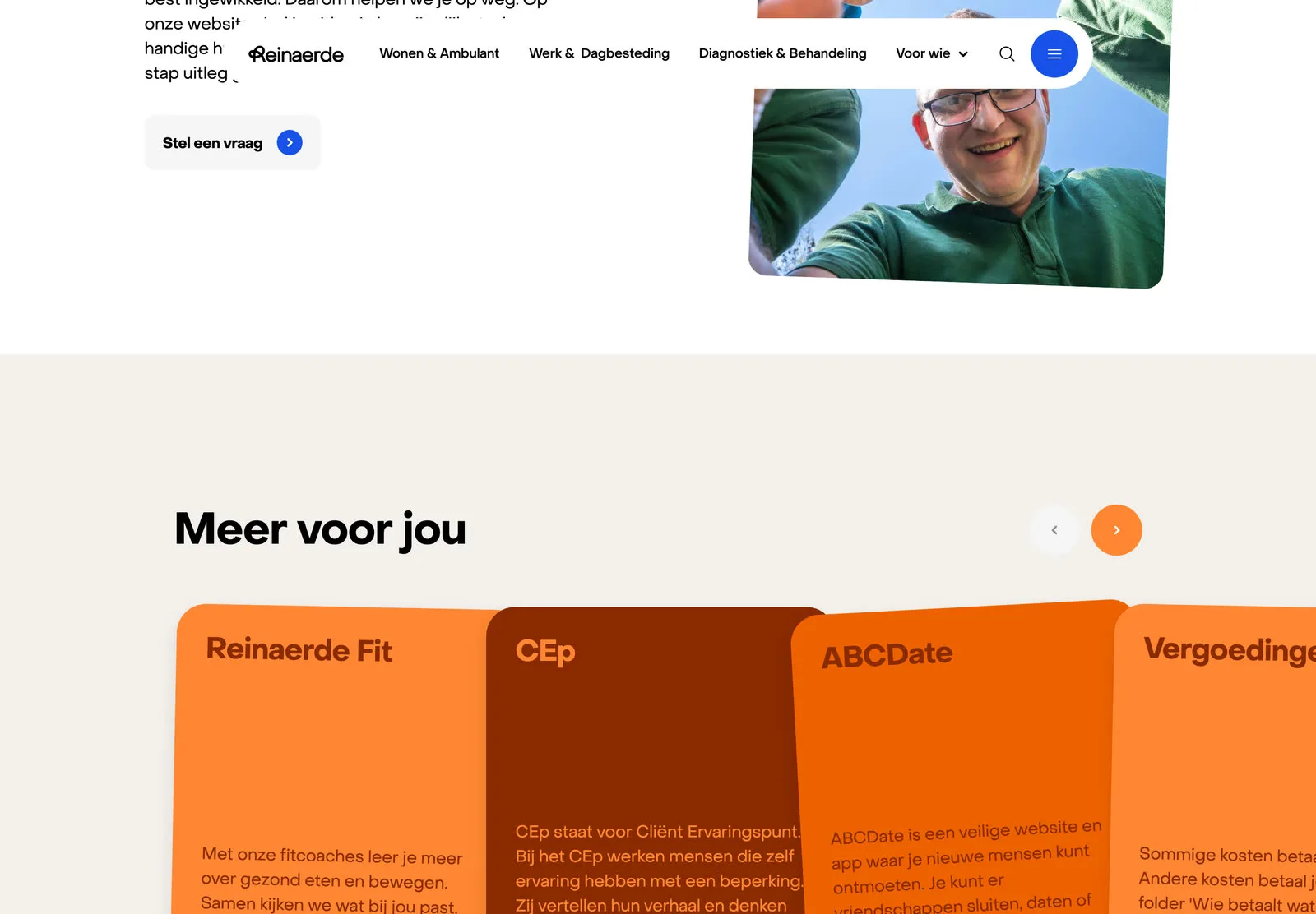 Carousel of overlapping orange and brown cards titled Meer voor jou