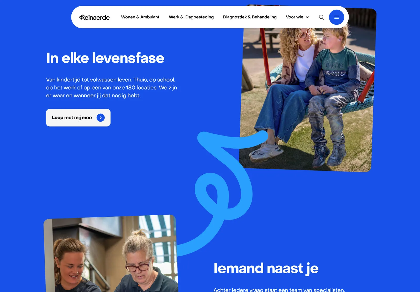 Blue storytelling section on the home page with the path line drawn behind two rotated photos