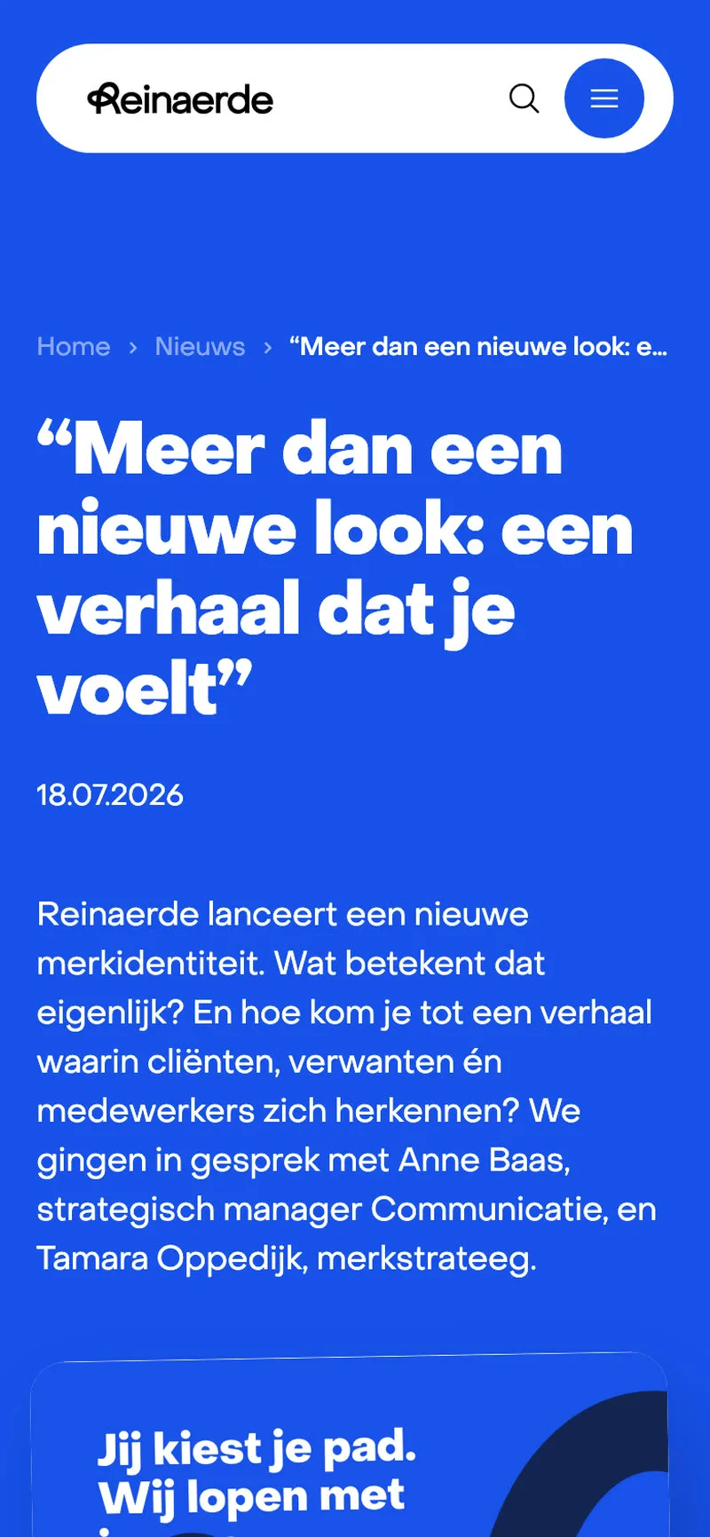 News article on a phone, brand card above the title