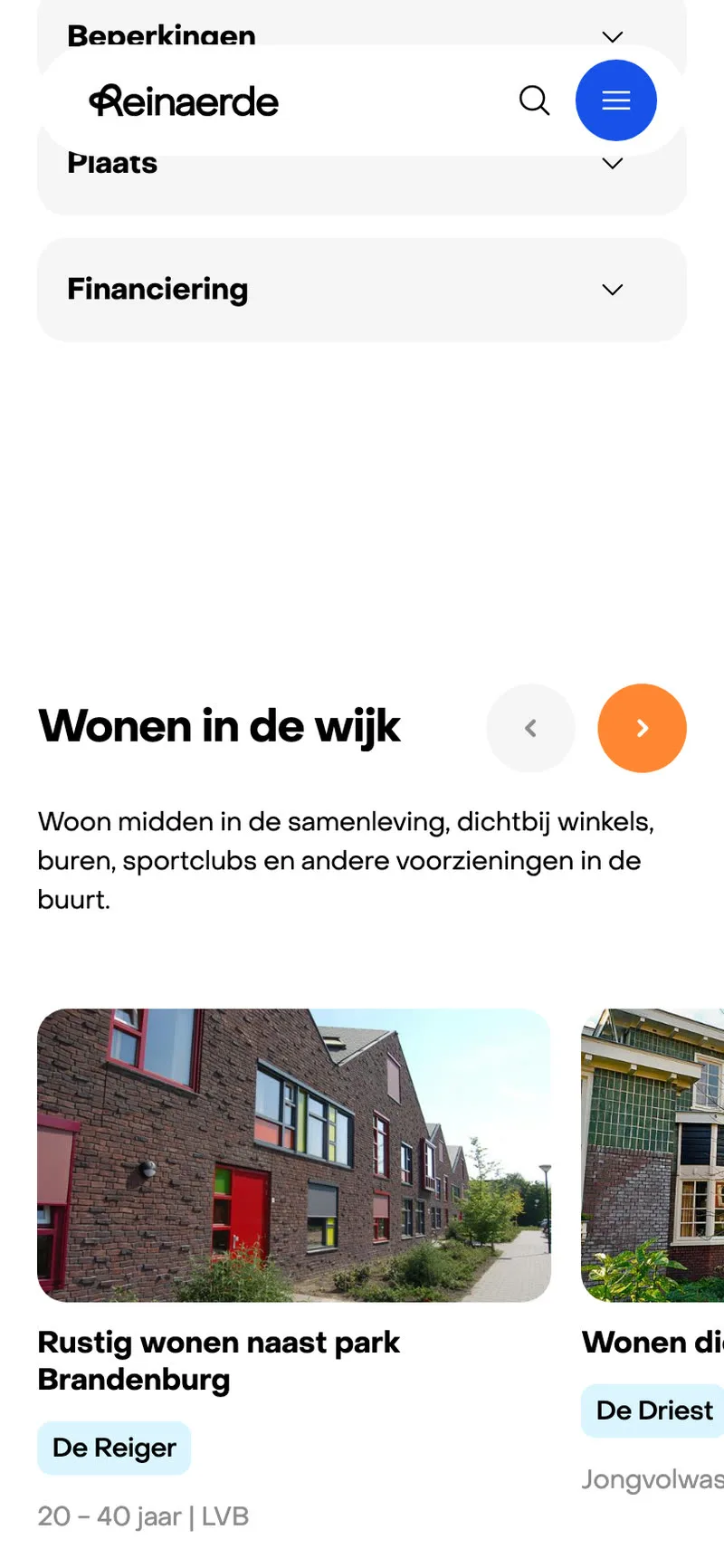 Living listing on a phone, filters above the first category