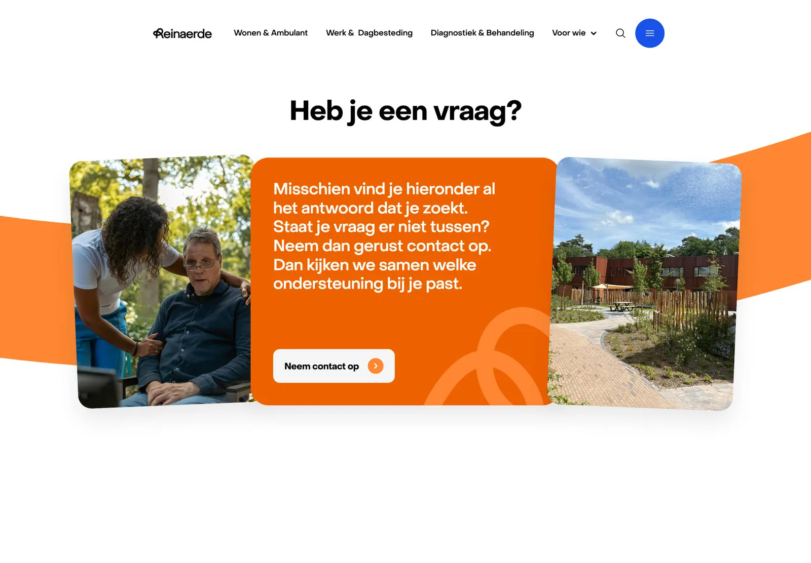 Contact call to action, an orange card between two rotated photos under Heb je een vraag